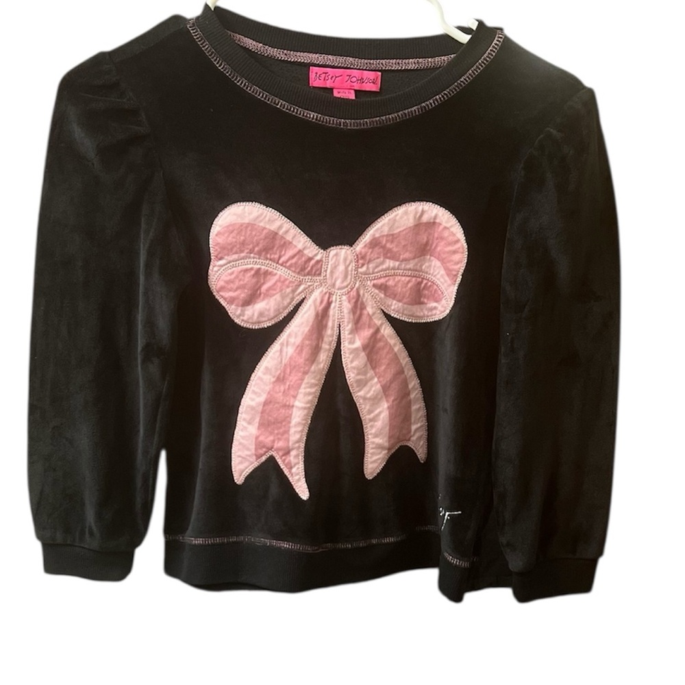 Betsey Johnson Girls Black Velour Long Sleeve Sweatshirt Pink Bow Size 7/8
